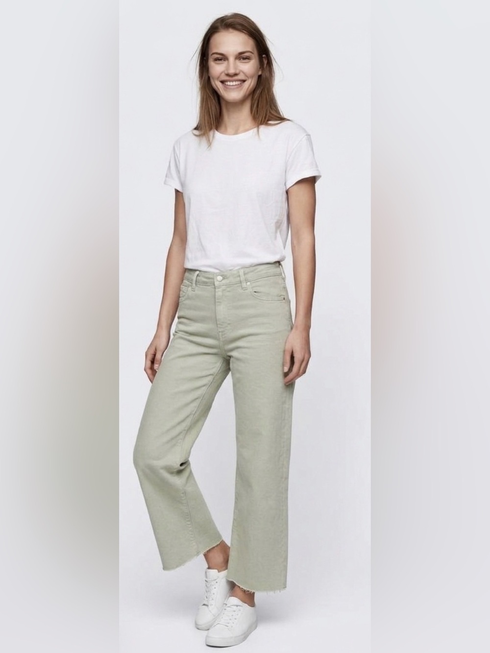 Chic Korean Imported Sage Green High-Waisted Distressed Straight-Leg Pants